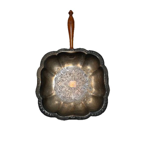 1940s 12” Canterbury Silver Plate Chafing Ornate Dish Stash Tray Wooden Handle - Picture 1 of 6